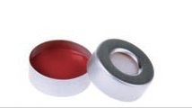 Rose 20mm Open Top Aluminum Crimp Cap (10mm hole) with 20mm Red PTFE/White Silicone Septa 3mm Thick. 100pcs/pk.