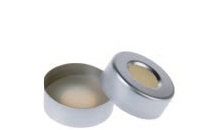 Rose 20mm Open Top Aluminum Crimp Cap (10mm hole) with 20mm Natural PTFE/Natural Silicone Septa 3mm Thick. 100pcs/pk.