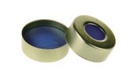 Rose 20mm Open Top Gold Magnetic Crimp Cap (10mm hole) with 20mm Natural PTFE/Blue Silicone Septa 3mm Thick. 100pcs/pk.