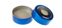 Rose 20mm Open Top Bi-Metallic Crimp Cap (8mm hole) Blue & Silver with 20mm Natural PTFE/White Silicone Septa 3mm Thick. 100pcs/pk.