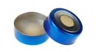 Rose 20mm Open Top Bi-Metallic Crimp Cap (8mm hole) Blue & Silver with 20mm Natural PTFE/Natural Silicone Septa 3mm Thick. 100pcs/pk.