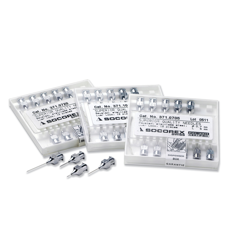 Socorex 371 Injection Needle, 1/8 in, 0.5 mm Dia, Sharp Bevel, Luer Lock, SS, 25 G, 12 Box