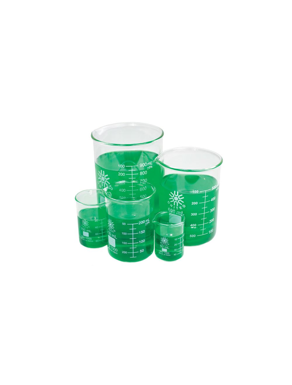 UNITED SCIENTIFIC Borosilicate Graduated Glass Beaker Set Of 5. (50, 100, 250, 600 And 1000ml )