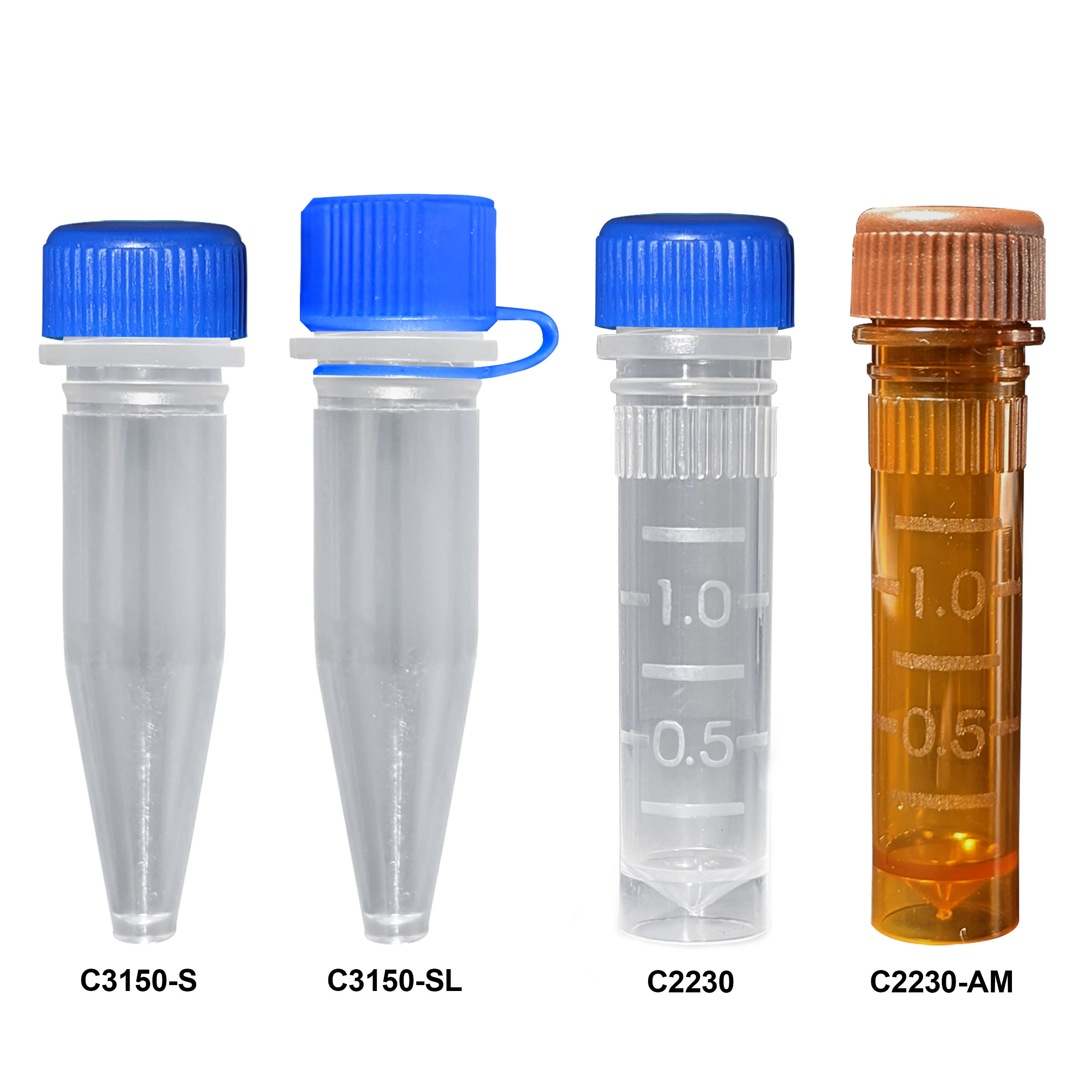 Rose Screw-cap Microtubes, 2.0mL, Amber Color, with O-Ring, Sterile, Molded Graduations, Amber Caps Attached, 100 per Bag, 1000/Case