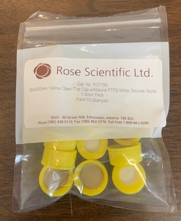 24-400 Yellow Open Top PP Screw Cap with 22mm Natural PTFE/ White Silicone 31.5mm Thick Septa (EPA Quality). 100pcs/pk