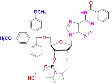N6-Benzoyl-2&apos;-deoxy-5&apos;-O-DMT-2&apos;-fluoroadenosine 3&apos;-CE phosphoramidite, CAS # 136834-22-5, MF: C47H51FN7O7P, MW: 875.92, 98%