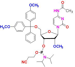 N-Acetyl-5&apos;-O-(4,4-dimethoxytrityl)-2&apos;-O-methylcytidine-3&apos;-(2-cyanoethyl-N,N-diisopropyl)phosphoramidite, CAS # 199593-09-4, MF: C42H52N5O9P, MW: 801.86, 98%