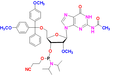 2-O-Methy-rG(N-Ac)Phosphoramidite, CAS # 909033-40-5, MF: C43H52N7O9P, MW: 841.89, 98%