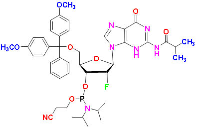 5&apos;-O-DMT-2&apos;-fluoro-N2-isobutyryl-2&apos;-Deoxy-guanosine 3&apos;-CE phosphoramidite, CAS # 144089-97-4, MF: C44H53FN7O8P, MW: 857.91, 98%