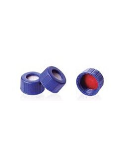 Rose Blue 9-425 Open Top Ribbed Screw Cap with 9mm Red PTFE/White Silicone Septa 1mm Thick. 100pcs/pk.