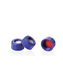 Rose Blue 9-425 Open Top Ribbed Screw Cap with 9mm Red PTFE/White Silicone Septa 1mm Thick Pre-Slit. 100pcs/pk.