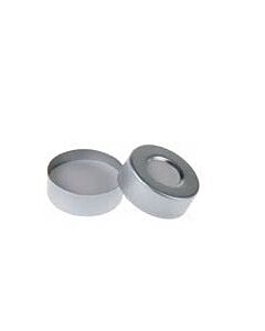 Rose 20mm Open Top Aluminum Crimp Cap (10mm hole) with 20mm White PTFE/White Silicone Septa 3mm Thick. 100pcs/pk.