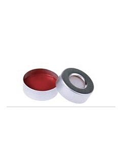 Rose 20mm Open Top Aluminum Crimp Cap (10mm hole) with 20mm Red PTFE/White Silicone Septa 3mm Thick. 100pcs/pk.