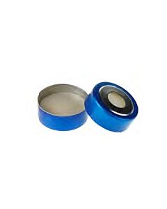 Rose 20mm Open Top Bi-Metallic Crimp Cap (8mm hole) Blue & Silver with 20mm Natural PTFE/White Silicone Septa 3mm Thick. 100pcs/pk.
