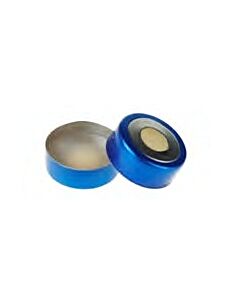 Rose 20mm Open Top Bi-Metallic Crimp Cap (8mm hole) Blue & Silver with 20mm Natural PTFE/Natural Silicone Septa 3mm Thick. 100pcs/pk.