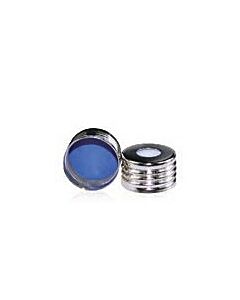 Rose 18mm Silver Color Open Top Metal Cap (8mm hole) with 17.5mm Blue PTFE/White Silicone Septa 1.5mm Thick. 100pcs/pk.