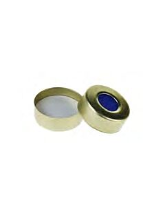 Rose 20mm Open Top Gold Magnetic Crimp Cap (10mm hole) with 20mm White PTFE/Blue Silicone Septa 3mm Thick. 100pcs/pk.