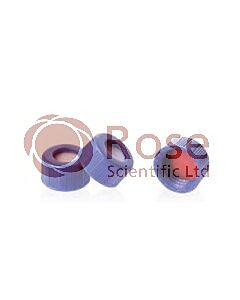 Rose Blue 9-425 Open Top Ribbed Screw Cap with 9mm Red PTFE/White Silicone Septa 1mm Thick. 100pcs/pk.