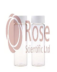 Rose 40mL Clear Glass Vial 24-400 White Open Top PP Screw Cap and Natural PTFE/White Silicone 3mm Thick Septa. Vial + Cap + Septa will be pre-assembled together. 72pcs/pk.