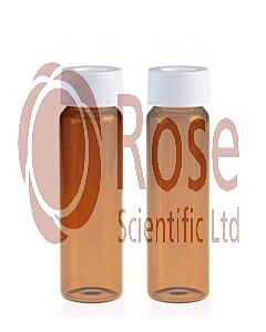 Rose 40mL Amber Glass Vial 24-400 White Open Top PP Screw Cap and Natural PTFE/White Silicone 3mm Thick Septa. Vial + Cap + Septa will be pre-assembled together. 72pcs/pk.
