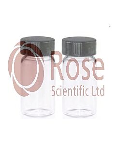Rose 20mL Clear Glass Sample Vial 27.5x57mm. 24-400 Black Closed Top PP Cap with 22mm Natural PTFE/White Silicone Septa 1.5mm thick. Vial+Cap+Septa are pre-assembled together.100pcs/pk.