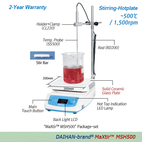Daihan 500°C Hi-Temp. Digital Hotplates Stirrer, 80~1,500 RPM, “MaXtirTM MSH500”, Temp. Probe-Set, 120V