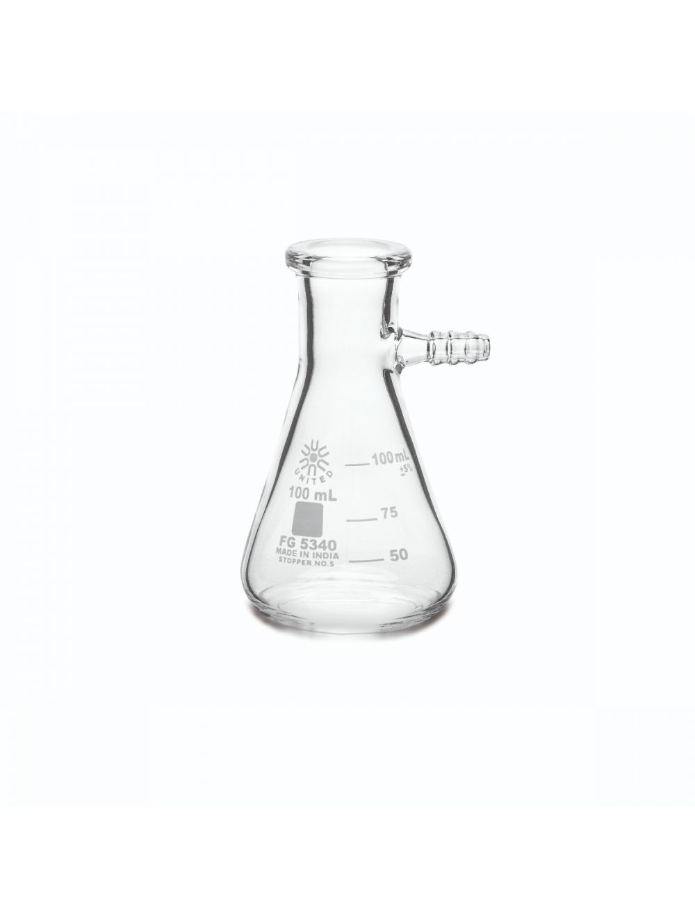 UNITED SCIENTIFIC 100 mL Borosilicate Filtering Flask with heavy duty rim and tabulation. 6/Pkg