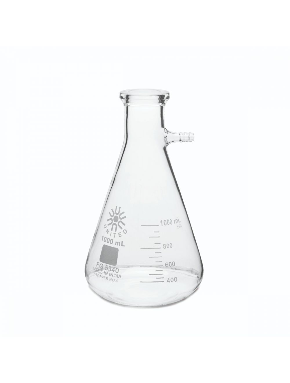 UNITED SCIENTIFIC 1000 mL Borosilicate Filtering Flask with heavy duty rim and tabulation. Each
