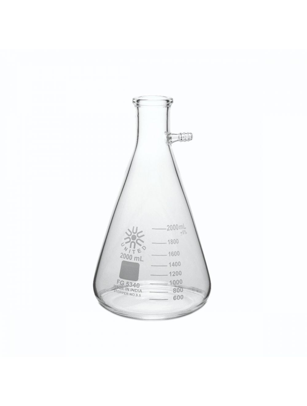 UNITED SCIENTIFIC 2000 mL Borosilicate Filtering Flask with heavy duty rim and tabulation. Each