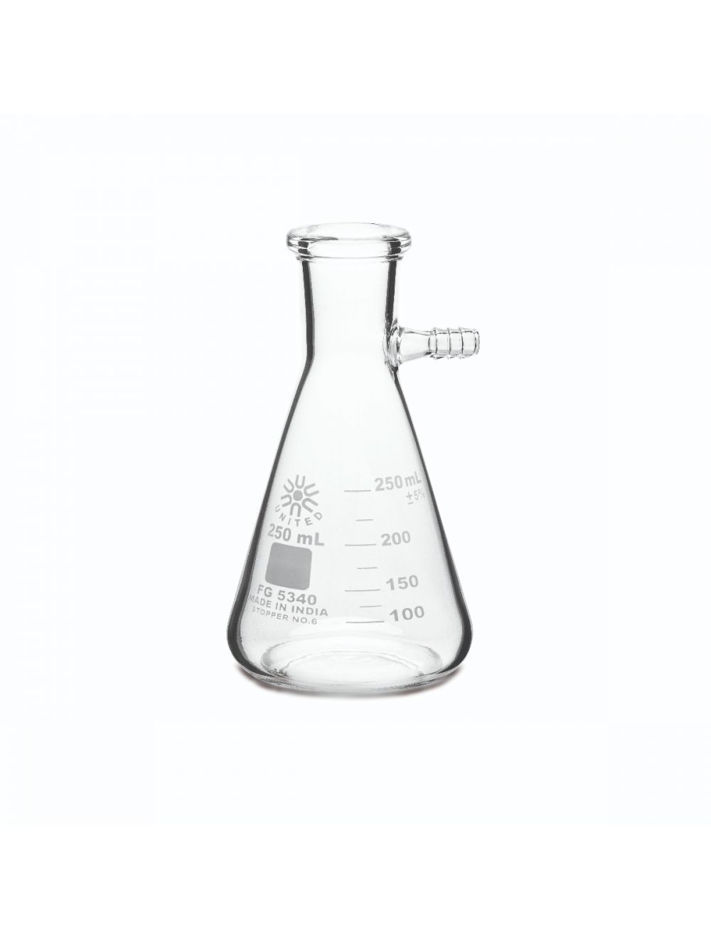 UNITED SCIENTIFIC 250 ml Borosilicate Filtering Flask with Heavy Duty Rim and Tabulation. Each