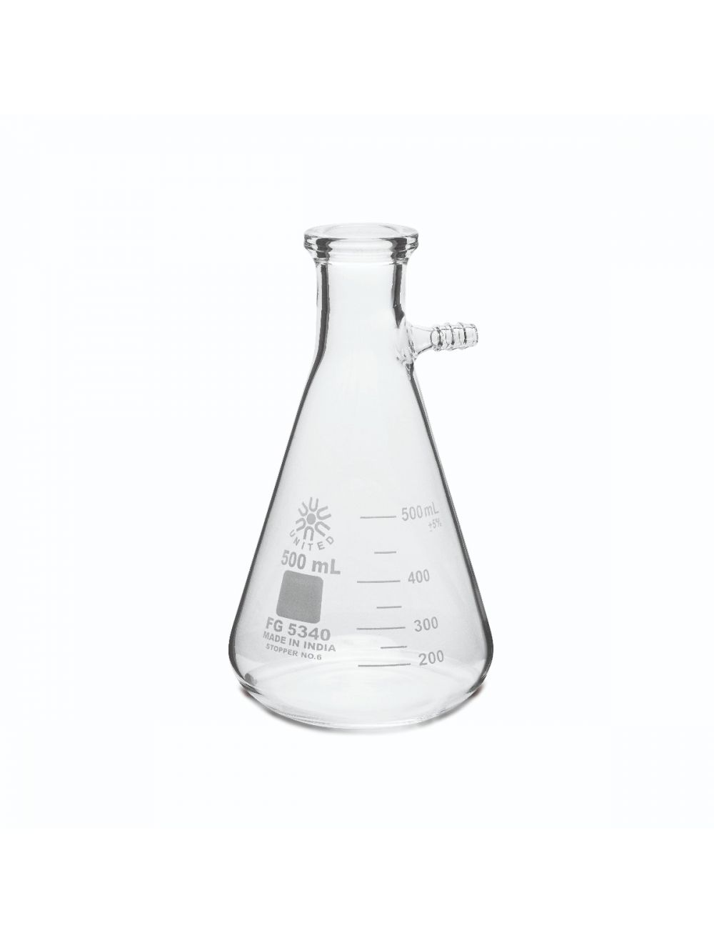 UNITED SCIENTIFIC 500 ml Borosilicate Filtering Flask with Heavy Duty Rim and Tabulation. Each