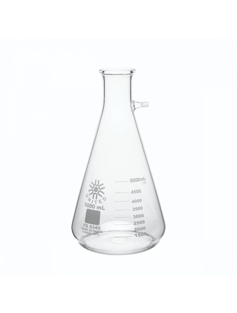 UNITED SCIENTIFIC 5000 mL Borosilicate Filtering Flask with heavy duty rim and tabulation. Each
