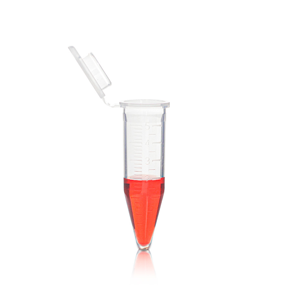 5.0mL Microcentrifuge Tube with Attached Flat Cap. Conical Bottom. Graduated. Clear. Non-Sterile  100 pcs/bag. 