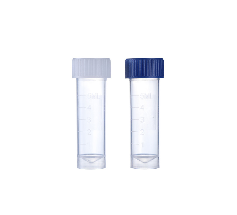 5mL Graduated Transport Tube with Natural Seal Screw Cap. Pre-assembled. Conical Bottom. Self Standing. Sterile 100 pcs/bag. 10bags/carton