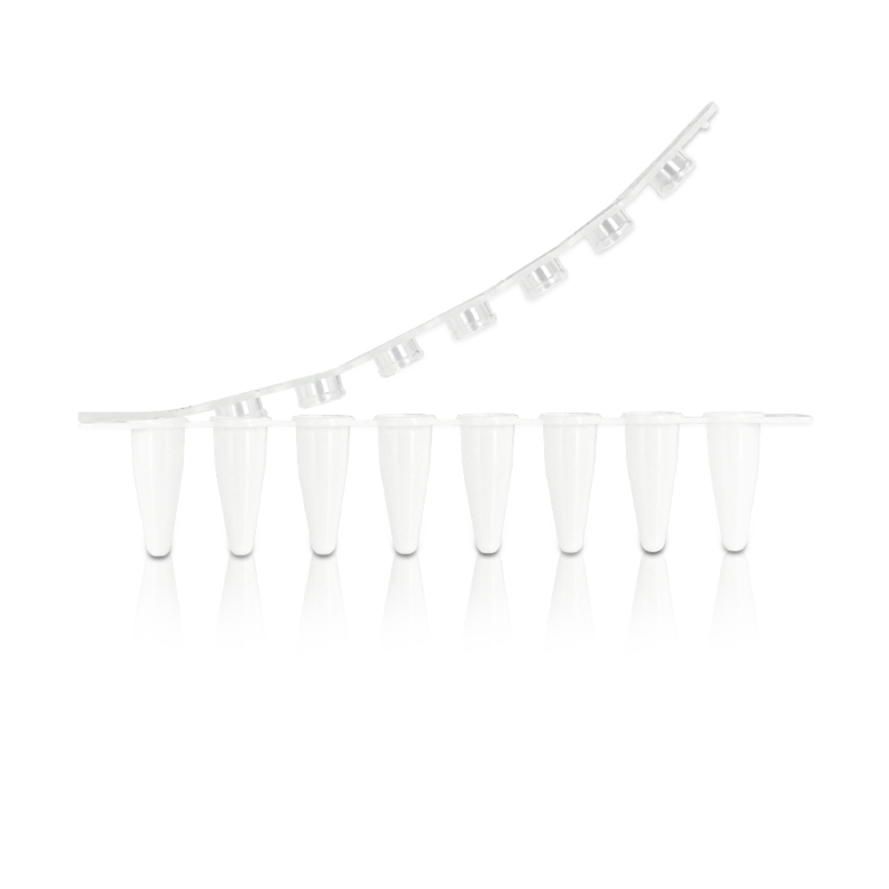 0.1mL 8-Strip Clear PCR Tube with 8-Strip Clear Flat Cap. Non-Sterile 125 strips/bag. 