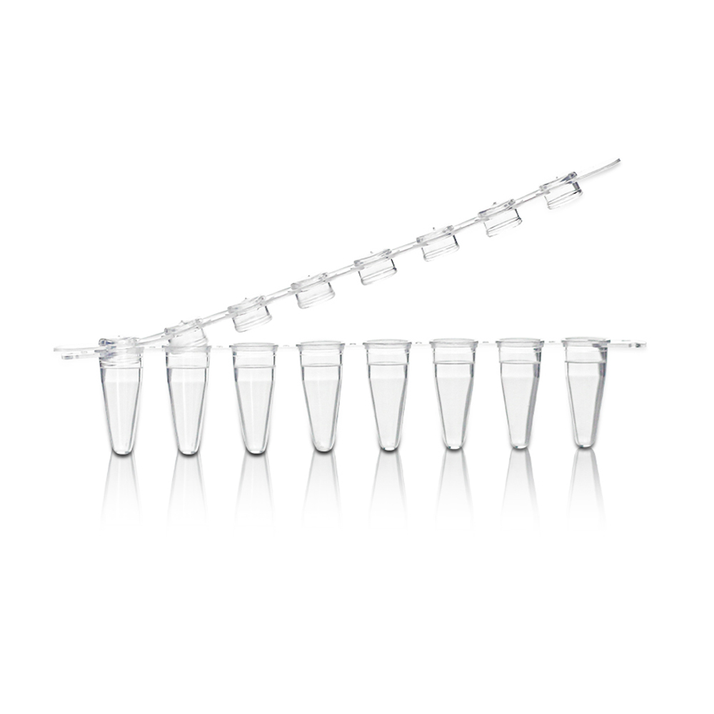0.1mL 8-Strip White PCR Tube with 8-Strip Clear Flat Cap. Non-Sterile 125 strips/bag. 