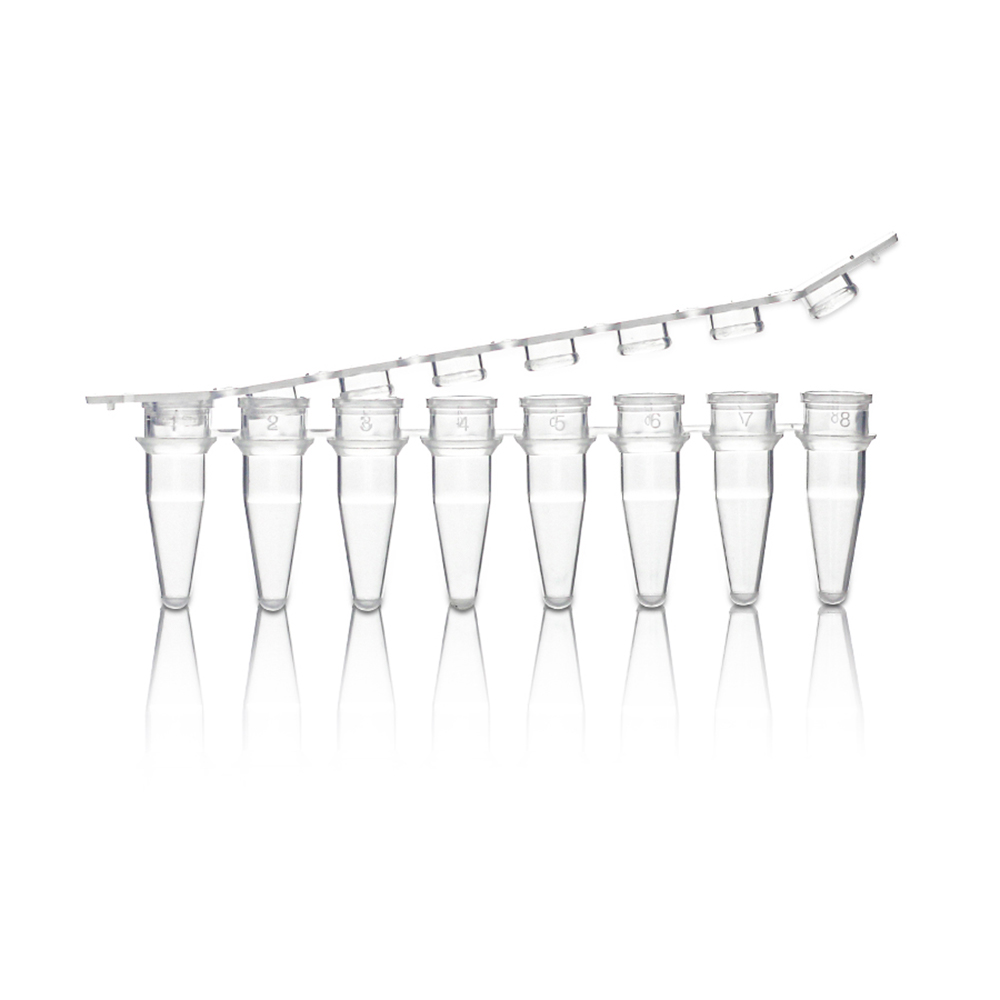 0.1mL 8-Strip White PCR Tube with 8-Strip Clear Domed Cap. Non-Sterile 125 strips/bag. 