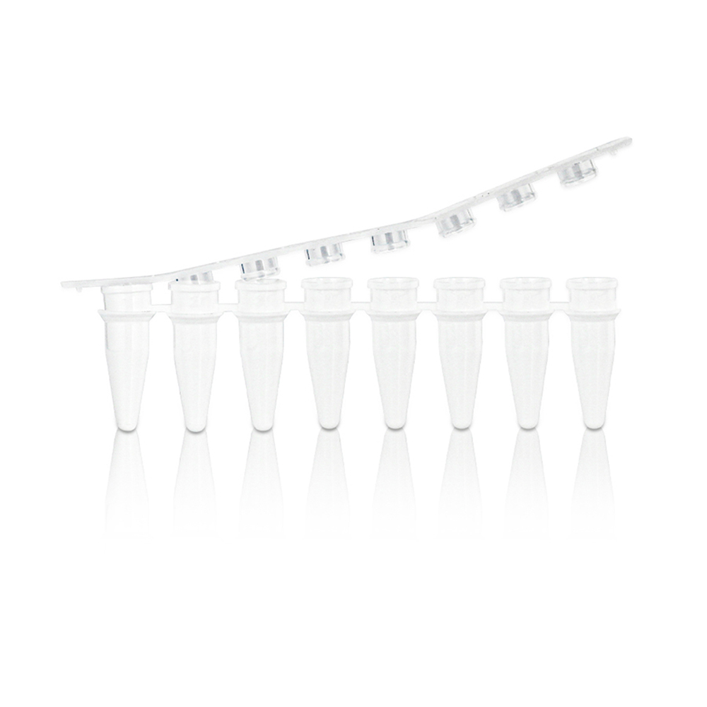 0.2mL 8-Strip Clear PCR Tube with 8-Strip Clear Flat Cap. Non-Sterile 125 strips/bag. 