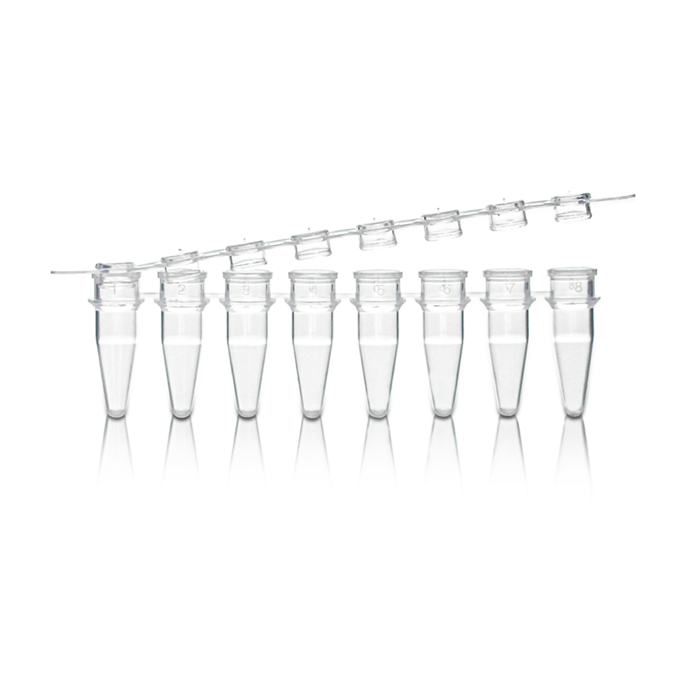 0.2mL 8-Strip White PCR Tube with 8-Strip Clear Flat Cap. Non-Sterile 125 strips/bag.