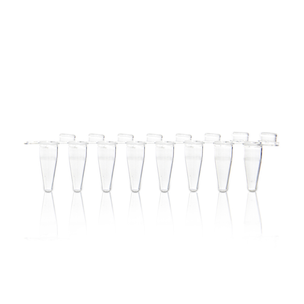 0.2mL 8-Strip White PCR Tube with 8-Strip Clear Domed Cap. Non-Sterile 125 strips/bag. 