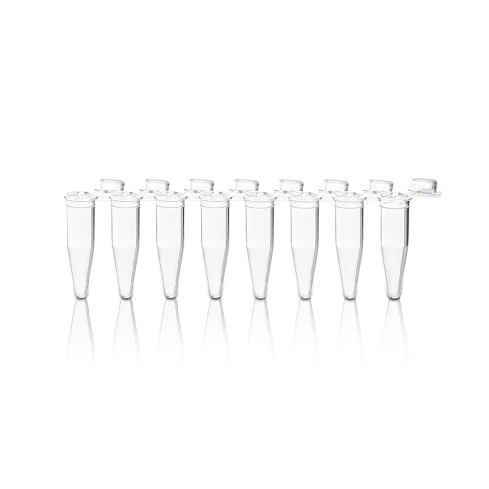 0.1mL 8-Strip Clear PCR Tube with Attached Clear Flat Cap. Non- Sterile 125 strips/bag. 
