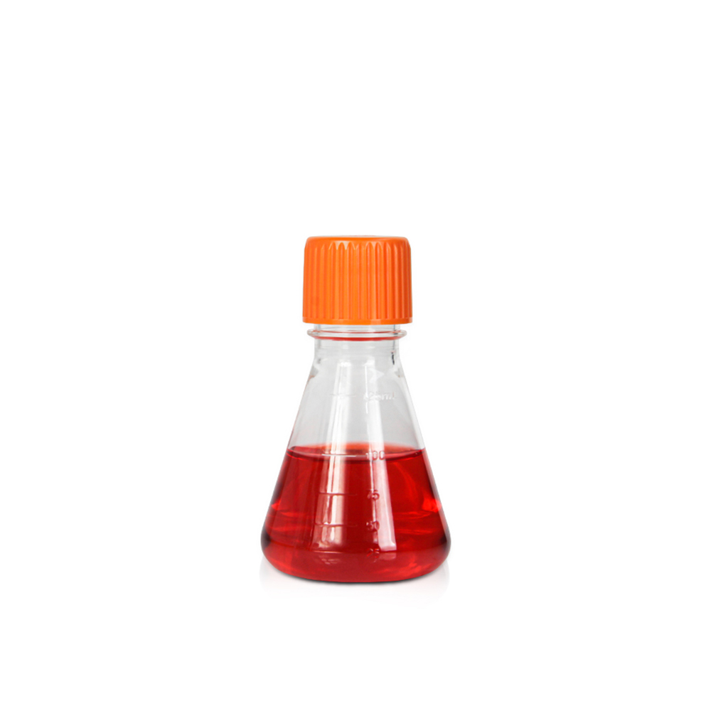 125mL PETG Erlenmeyer Flask. Orange Vent Cap. Individual Packing. Sterile 1 piece/bag. 50 pieces/carton