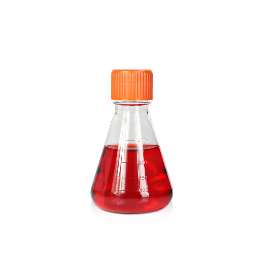 250mL PETG Erlenmeyer Flask. Orange Vent Cap. Individual Packing. Sterile 1 piece/bag. 50 pieces/carton