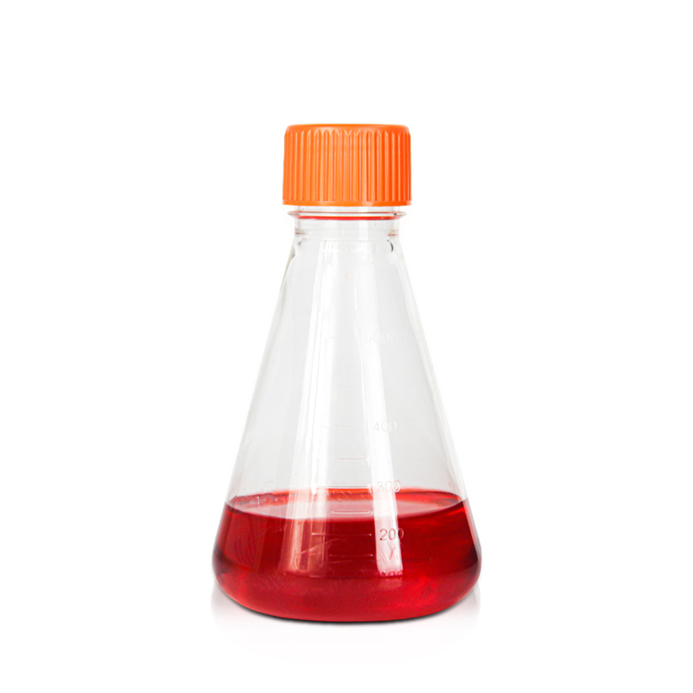 500mL PETG Erlenmeyer Flask. Orange Vent Cap. Individual Packing. Sterile 1 piece/bag. 25 pieces/carton