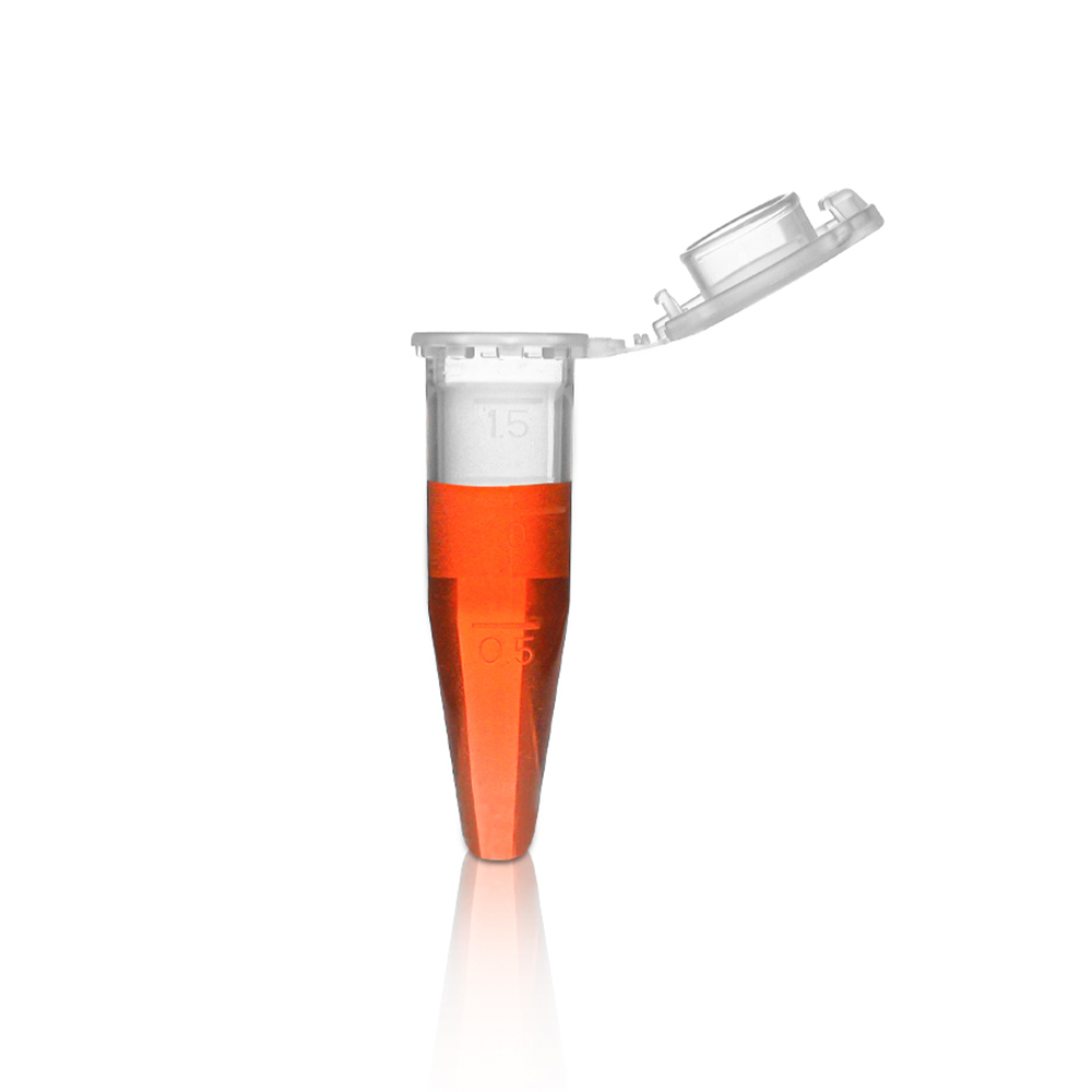 1.5mL Microcentrifuge Tube with Attached Lock Cap. Conical Bottom. Graduated. Clear. Non-Sterile 500 pcs/bag. 