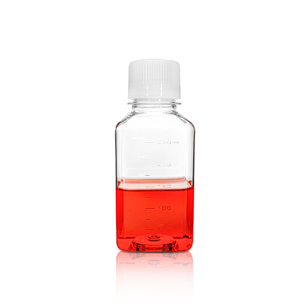 250mL PETG Square Media Bottle with Seal Screw Cap. Sterile 24 pieces/tray. 2trays/bag. 2bags/carton