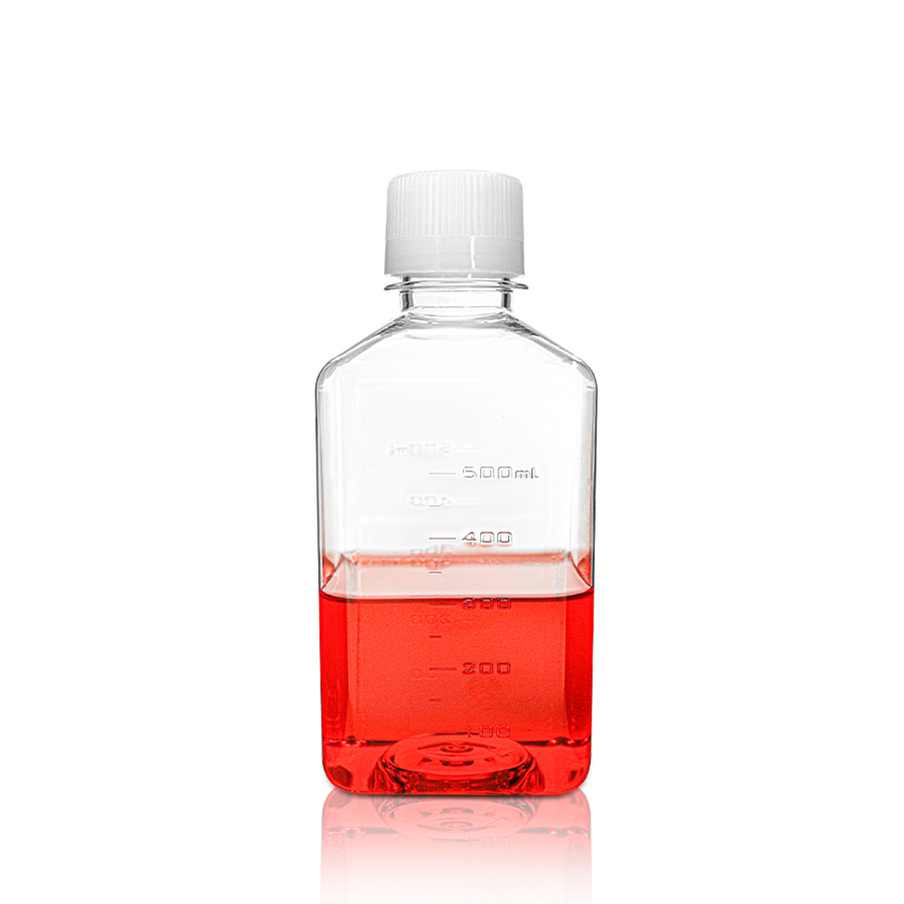 500mL PETG Square Media Bottle with Seal Screw Cap. Sterile 24 pieces/tray. 2trays/bag. 1bag/carton