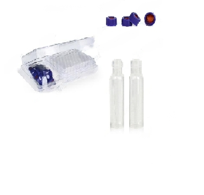 Rose 0.3 mL 9-425 Clear Micro Screw Cap Vial with Blue Open Top Ribbed Screw Cap with 9 mm Septa – Polyimide/Red Silicone 1mm Thick. Pk/1000