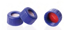 Rose Blue 9-425 Open Top Ribbed Screw Cap Bonded with 9mm Red PTFE/White Silicone Septa 1mm Thick PRE-SLIT. 100pcs/pk.