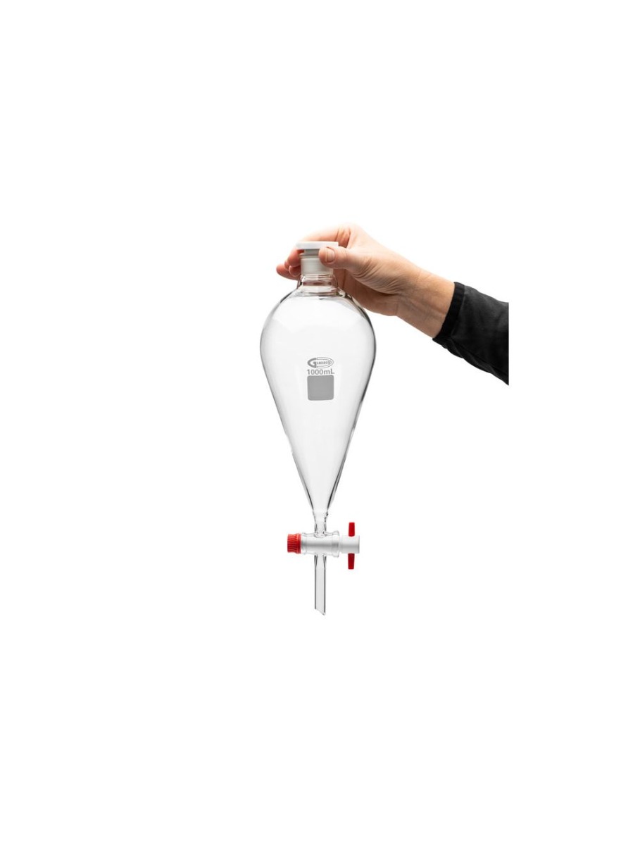 Glass Separatory Funnel with PTFE Stop-Cock and plastic stopper, 1000 mL. PTFE Compliant to ASTM E675,  Pk/1